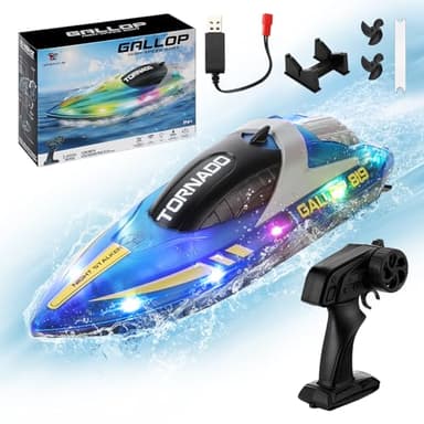 Coikes RC Boat Remote Control Boat for Kids Adults with LED Lights 2.4GHz High Speed 15km/h Double Propellers Self Righting Racing Boats for Pools and Lakes Rechargeable Pool Toys Gifts for Boys Girls