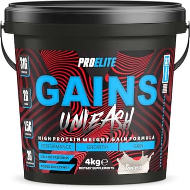 Weight Gainer High Protein Powder Shakes 4KG Vegetarian Serious Mass, Gainz Heavyweight, Weight Gain with Added Creatine, Glutamine and BCAA Powder Made in UK by PROELITE (4KG, Vanilla)