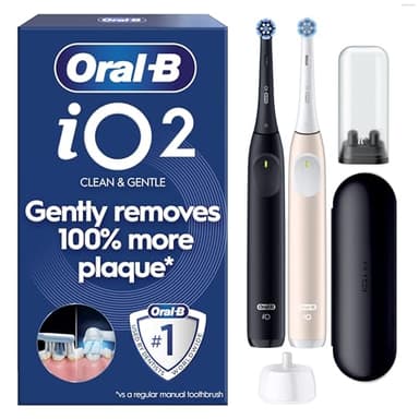 Oral-B iO2 Duo Electric Toothbrushes, 2 Gentle Care Toothbrush Heads, 1 Travel Case, 1 Travel Refill Holder, Oral B Toothbrush Adults (Night Black and Calm Pink), Designed by Braun, 2 Pin Plug