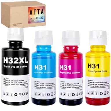 ATTA 31 32XL Ink Bottle Set Replacement for HP 32XL 31 Ink Work for Smart Tank 7005 5107 7301 7001 7602 5000 5101 5102 Plus 651 551 455 457 450 All-in-One Ink-Tank (135ML 32XL Black, 70ML 31 Color)