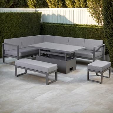 Rattan park Halo Range 9 seater Garden Furniture Square Corner Sofa Set With Rising Table, 6 Piece Set in Grey Aluminium Frame (Left Hand Corner Sofa)