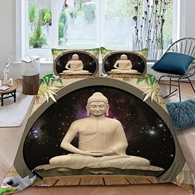 Lolosale Bamboo Buddha Statue Bedding set 3 pieces Duvet Cover Double for Kids Children Teens Adults 3D Printed Zen Soft Microfiber Comforter Cover with Zipper 1 Quilt Cover + 2 Pillowcases