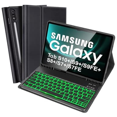 Backlit Keyboard Case for Samsung Galaxy Tab S10+/S9 FE+/S9+/S8+/S7+/S7 FE 12.4'', UK Layout, Slim Cover with Detachable Keyboard for Galaxy Tab S7 FE/S9 FE+/S9 Plus/S8 Plus/S7 Plus 12.4 Inch, Black