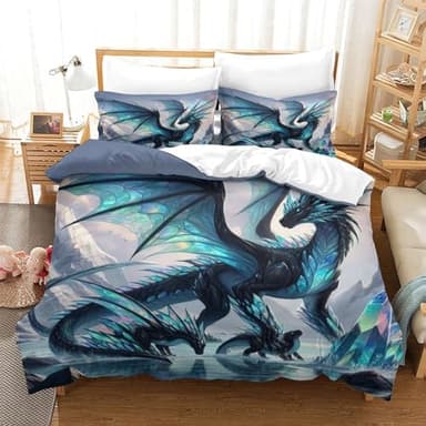 QPIRINMEX Flying Dragon 3D Printed Duvet Set Pinch Pleat Soft Microfibre Cool Animals Bed Quilt Cover with 2 Pillowcases, Easy Care Wrinkle Free Bedding Set of 3 Pcs King（220x240cm）