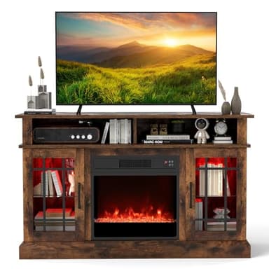 COSTWAY Electric Fireplace Insert TV Stand, Entertainment Center Console Table for 50" TVs with RGB LED Lights, Adjustable Flame, Overheat Protection Fireplace Heater & Remote Controls (Rustic Brown)