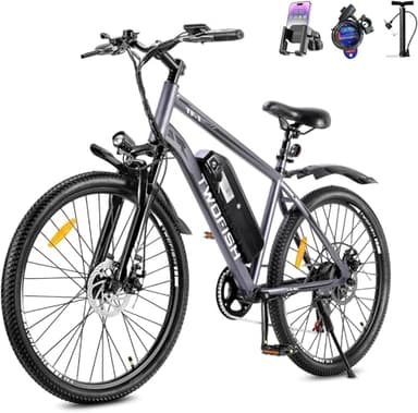 TWOFISH Electric Bike, 26" Electric Mountain Bike for Adults with 36V 15Ah Battery Max Range 100 KM 25KM/H 3 Riding Mode 7 Speed E Bike with Disc Brakes LED Display, TF-1 (Light Grey)