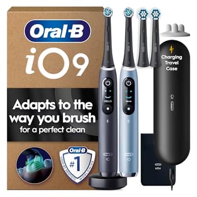 Oral-B iO 9 Electric Toothbrush | 2-Pack for Couples or Family | Black Onyx & Sapphire Blue | 4 Brush Heads | Fast Magnetic Charger | Charging Travel Case | Charger Pouch