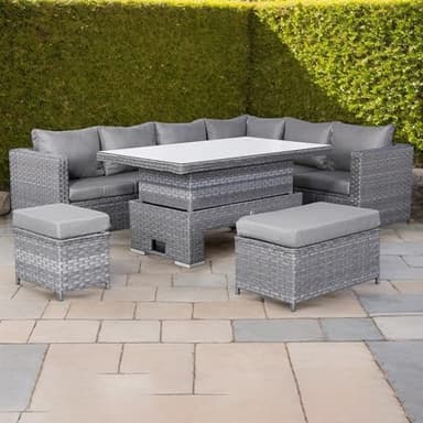 Club Rattan Isobella Range Right Hand Corner Sofa in Large Grey -9 Seater Garden Rattan Furniture Set Including an Outdoor Sofa, One Stool, One Bench，Height adjustable table, Cushions