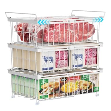 iSPECLE Chest Freezer Baskets - Fit 283 to 566L Chest Freezer, 3 Pack Large Stackable Expandable Organiser Add More Space, Easily Sort and Get Frozen Foods with Handles, White
