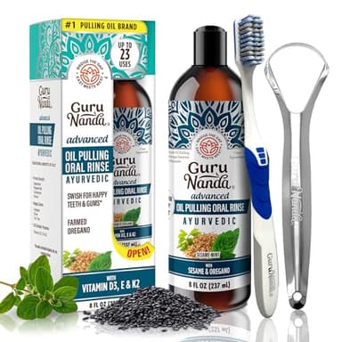 GuruNanda Advanced Formula Oil Pulling with Tongue Scraper for Healthy Teeth & Gums with Vitamin D,E - Coconut Oil Natural Mouthwash, Helps with Fresh Breath & Teeth Whitening (237mL)