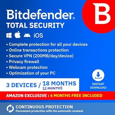 [Amazon Exclusive] Bitdefender Total Security | 3 Devices | 12 + 6 free months with Auto-Renewal | Digital Download