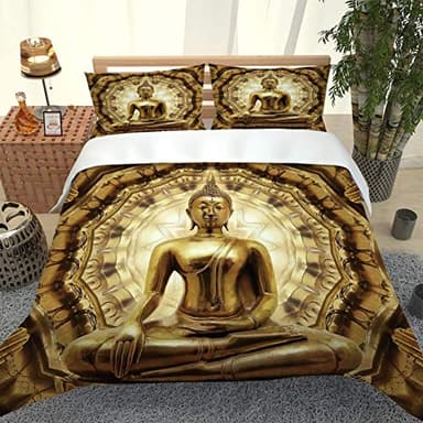 UDUVOG Duvet Cover Double 3 Pieces Golden Buddha Statue Printed Bedding Set With Zipper Closure Hypoallergenic Soft Microfiber Quilt Cover Set For Adults Teens Boy Girl，Bedding-200X200Cm
