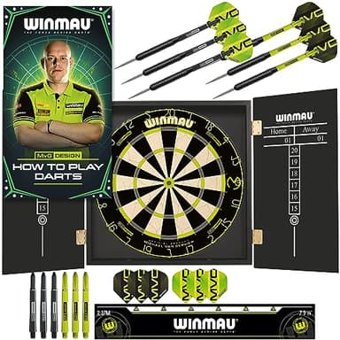 WINMAU - Michael van Gerwen MvG Dart board Cabinet Set | Darts & Dartboard | 2x Dart Sets & Accessories | Professional Oche Strip | How to Play Darts Booklet