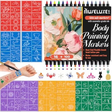 Temporary Tattoos Marker Kit - 16 Dual-Ended Tattoo Pens (9 Classic + 7 Matte Colors), 100 Tattoo Stencils, Skin-Safe, Waterproof Body Markers Set for Kids Teen Adults, Fun for Parties & DIY Art