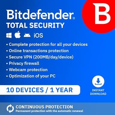Bitdefender Total Security| 10 Devices | 1 Year | PC/Mac/iOS/Android | Activation Code by Email | Automatic Renewal