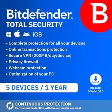 Bitdefender Total Security| 5 Devices | 1 Year | PC/Mac/iOS/Android | Activation Code by Email | Automatic Renewal