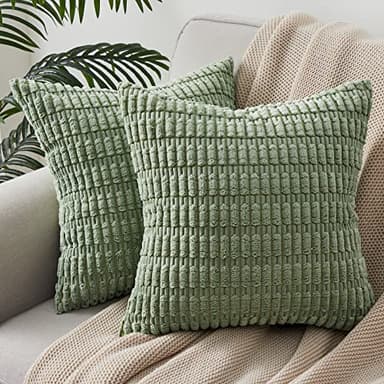 Topfinel Sage green Cushion Covers 45cm x 45cm,Corduroy Decorative Fluffy Pillows Cases,Cushions Cover 18x18 inches with Invisible Zipper for Sofa Bed Livingroom Bedroom,Pack of 2