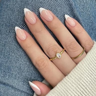 DMQ French Press on Nails Short Almond, 30Pcs White French Tip False Nails Pointed Stiletto, Natural Nude Fake Nails Set, Classic Soft Gel Stick on Nail with Glue for Women Daily Wedding Nail Art