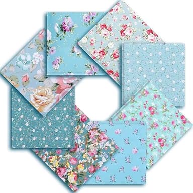 CraftsFabrics 8Pcs/lot Turquois Floral Fat Quarters 100% Cotton 25x25cm Wide Twill Printed Precut Squares for Quilting, Arts, Crafts