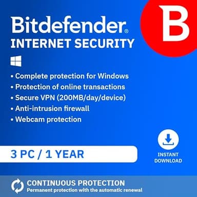 Bitdefender Internet Security| 3 Devices | 1 Year | PC | Activation Code by Email | Automatic Renewal