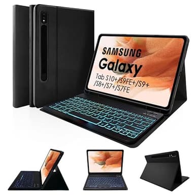 LAMA Backlit Keyboard Case for 12.4" Samsung Galaxy Tab S10+/S9 FE+/S9+/S8+/S7+/S7 FE, Slim Protective Cover Case with Keyboard for Galaxy Tab S7 FE/S9 FE+/S9 Plus/S8 Plus/S7 Plus, UK Layout, Black