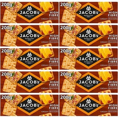 Biscuits Cracker Bundle with Jacob's High Fibre Cream Crackers 200g - 10 Pack | High Fibre Crackers, Suitable For Vegetarians.