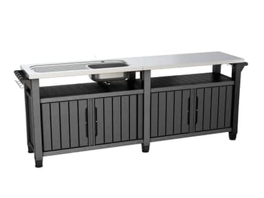 Keter BBQ Side Table Unity Chef Black with Large Stainless Steel Worktop and Sink, 237 x 513 x 89.4 cm, Perfect for Spring Grilling