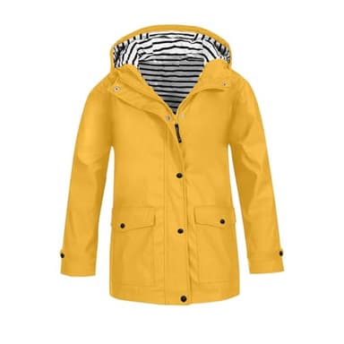 Boys Girls Rain Jacket Waterproof Windbreaker Lightweight Rain Jackets with Pockets Kids Striped Lined Hooded Raincoats Plain Full Zip Button Down Fall Outdoor Travel Jackets (Yellow, 9-10 Years)