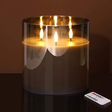 Eywamage 3 Wick Silver Grey Glass Flameless LED Candle with Remote, Flickering Large Battery Pillar Candle Decor Φ 6" H 6"
