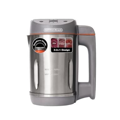 Hamilton Beach 3-in-1 Soup Maker, Smoothie Blender & Jam Maker, 1.6L, Easy Read Angled Digital Display, Auto-Stir & Overspill Sensor, Makes 4-6 Portions of Soup, Easy Clean, Grey - HBSM003G