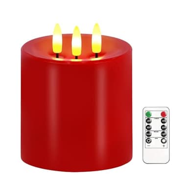 VEEKI Large 3 Wick Flameless Candles, 4"x4" Flickering Flameless Candles with Remote & Timer, Dimmable Real Wax LED Candles Battery Operated, Electric Pillar Candles for Home Xmas Decor (Red)