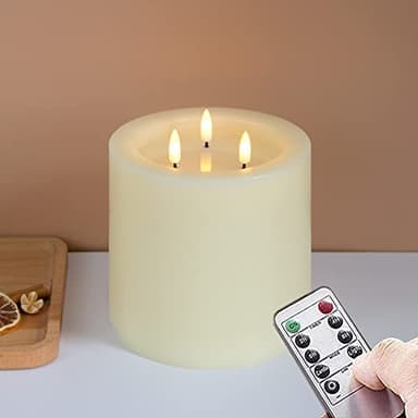 Yeelida 3-Wick 15 x15cm Large Flameless Pillar Candles with Remote Control and Timer Function,Ivory Battery Operated LED Flickering Real Wax 3D-Wick Candles for Home Decor(Long Lasting,Warm Fire)