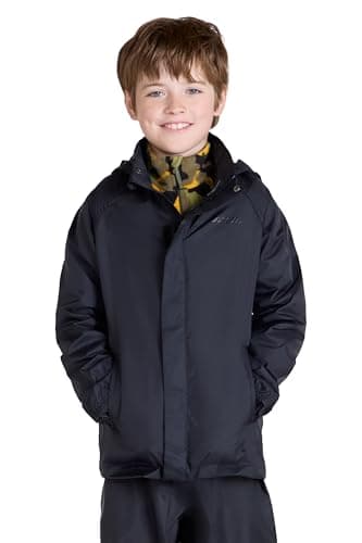 Mountain Warehouse Pakka Kids Waterproof Jacket - Wind Resistant, Lightweight,Breathable Rain Coat for Girls & Boys, Packaway Bag - For Rain, Autumn, Winter Black Kids Size 9-10 Years