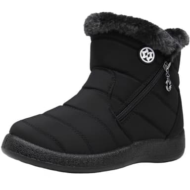 Women Winter Snow Boots Ladies Fur Lined Warm Outdoor Zip Flat Water-Resistant Thermal Non-Slip Ankle Booties Shoes Size,Black_2,6 UK