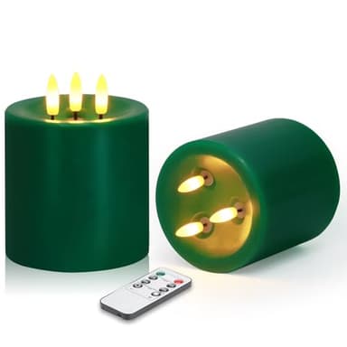 Large 3 Wick Flameless Candles, 4"x4" Flickering LED Candles with Remote & Timer, Dimmable Real Wax Electric Pillar Candles Battery Operated, Green Candles Light for Home Christmas Decor (Green 2PC)