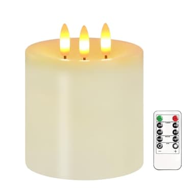 Large 3 Wick Flameless Candles, 4"x4" Flickering Flameless Candles with Remote & Timer, Dimmable Real Wax LED Candles Battery Operated, Electric Pillar Candles for Home Wedding Christmas Decor (Lvory)