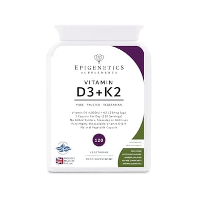 Vitamin D3 K2 Capsules | Additive-Free 4,000 IU Vitamin D & 125mcg VIT K MK7 | Long 4 Months Supply | 120 Vegetarian Friendly & Made in The UK by Epigenetics Supplements