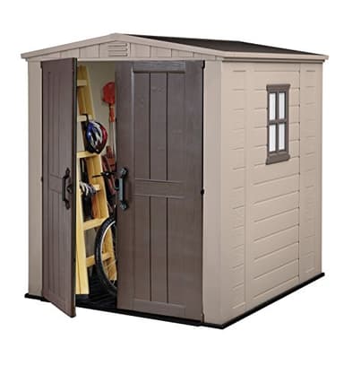 Keter Factor Outdoor Apex Double Door Garden Storage Shed 6 x 6ft Beige Brown Wood effect | Fade Free | All Weather Resistant | Safe and Secure | Zero Maintenance | 15 year Warranty