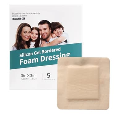 Silicone Foam Dressing 5 Pcs Adhesive Silicone Gel Bordered Foam Dressings Highly Absorbent and Waterproof Square Wound Dressing Bandage 3"x 3"(7.5 x 7.5 cm)