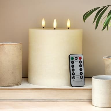 Christow 3 Wick Flameless LED Candle with Remote Control, Real Cream Wax, Battery Powered with Timer, Brightness & Flicker/Steady Glow, Flickering Warm White LED Flames, Safe Home Decor, H15cm x Ø15cm