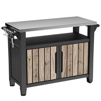 Keter Unity XL Grill Table in Wood Effect Pine 298 Litres with Stainless Steel Plate, Doors, Shelf, Hangers, Kitchen Roll Holder, Wheels and Handle, UV and Weather Resistant