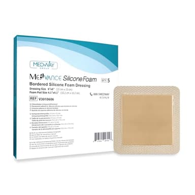 MedVanceTM Silicone - Bordered Silicone Adhesive Foam Dressing Size 15 cm x 15 cm (10 cm x 10 cm pad), Box of 5 dressings