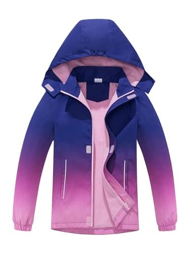 SERENYOU Girls Rain Jackets Waterproof Removable Hood Raincoats Fleece Lined Windbreaker 9-10 Years/Size 140 Dark Purple
