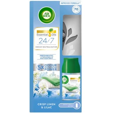 Air Wick Automatic Air Freshener Freshmatic Spray Kit, Crisp Linen & Lilac, 1 Gadget & 1 Refills (250ml), Natural Essential Oils, Last up to 70 Days, Air freshener