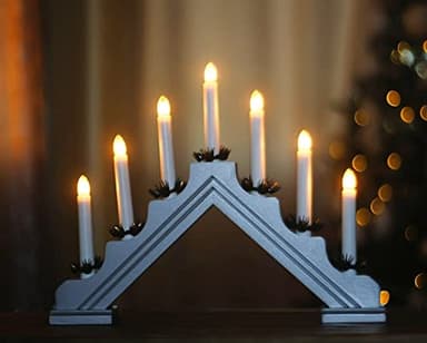 Mains Operated 7 Wooden Pre-Lit Christmas Candle Bridge Arch Window Decor Xmas Warm White Light (Grey)