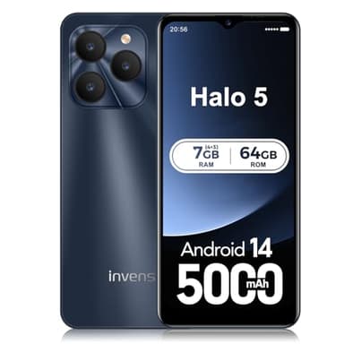 invens Halo 5 Mobile Phones SIM Free Unlocked Android 14 Smartphone with 6.52''HD+ Display, 5000mAh Battery,7GB+64GB/256GB,8MP+16MP Camera, 4G Dual Sim/Fingerprint/Face ID/GPS (Dark Blue)