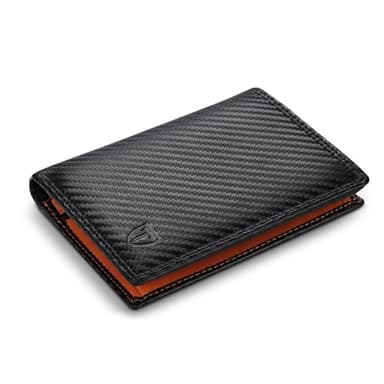 TEEHON® Wallets RFID Blocking Carbon Fibre Leather Mens Wallets with Zip Coin Pocket, 11 Card Holders, 2 ID Windows, 2 Banknote Compartments, Trifold Vertical, Black Orange