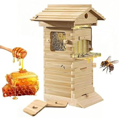 Complete Beekeeping Wooden Bee Box, Self-Flowing Honey Beehive with Observation Window and Honey Spout, with 4 Frames & 6 Honeycomb Trays and Observation Window & Honey Spoutfor Garden Pollinators