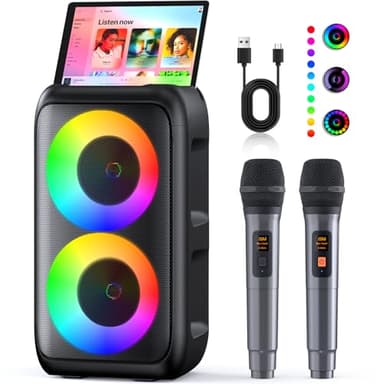 Karaoke Machine 2 Microphones (Newest gen) | Bluetooth Speaker with Microphone | Supports TV/Smartphone/iPad/TWS/AUX/USB/FM | For Party, Home, Outdoors, Travel, Live Mixers
