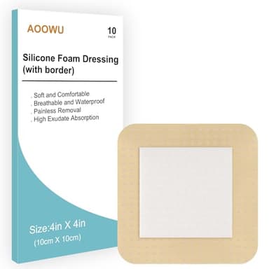 AOOWU Silicone Foam Dressing with Border, 10 Pcs Adhesive Waterproof Central Ultra Absorbent-Foam (10 cm x 10 cm), Waterproof Dressings for Wounds, Foam Dressing for Wounds, Silicone Wound Dressing